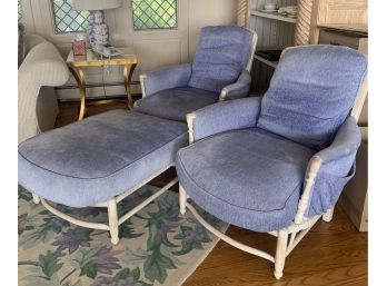 Two Charles Polloch Reproductions Oversize Armchairs & An Ottoman