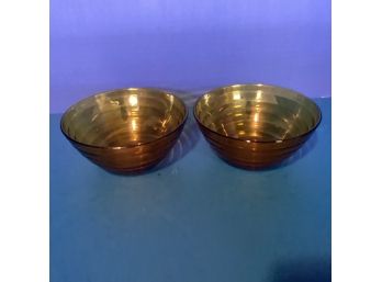 Pair Duralex Amber Glass Spiral Beehive Bowls - Made In France (5 1/4 Inches In Diameter)