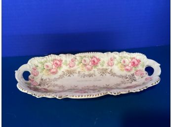 Vintage Royal Bavarian China  Oval Floral Design Tabbed Handle Serving  Dish (10 Inches In Length)