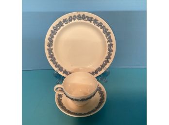 Vintage Wedgewood Etruria Barlaston QueensWare Blue Embossed On White Cup, Saucer And Side Plate