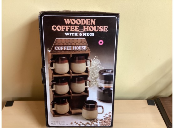 Wooden Coffee House And Coffee Mugs