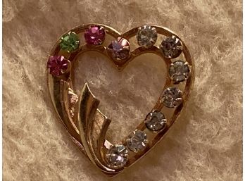 Vintage Gold Filled Heart Pin Clear And Multicolor Rhinestones