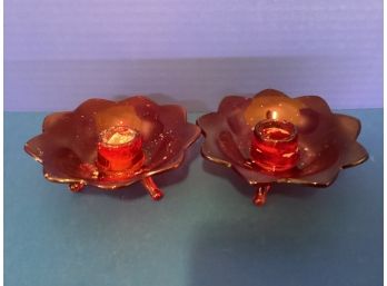 Pair Vintage Footed  Fenton Lotus (?) Red/Amberina Candle Stick Holder