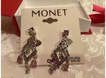 Vintage SIlver Tone Monet Marcasite Style Clip Drop Earrings (NWTS)