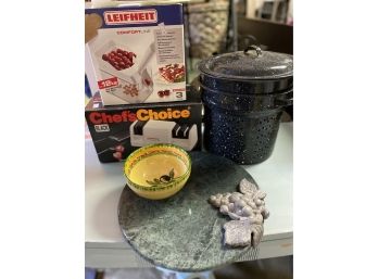 Kitchen Extras: Knife Sharpener, Cherry Pitter, Marble Board And Enameled Pot Set
