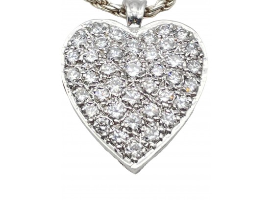 Vintage 14k White Gold And  39 Diamonds Heart Pendent, With A Sterling Rope Chain.