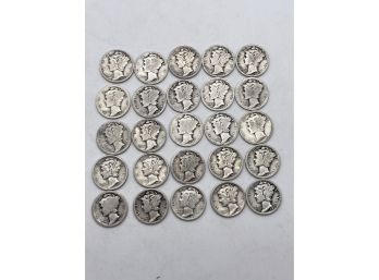 Vintage 25 Mercury Dimes, Silver Coins.