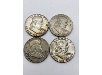 1957 & 1958 , Four Franklin Half Dollars, Silver Coins. ( DH8)