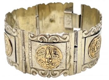 Vintage , Sterling And 14k Gold, Mexico Made Hinged Medallions Bracelet .