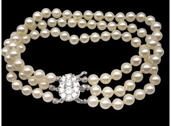 Vintage 14k White Gold Claps, 7' Long Three Strands Pearls Bracelet.