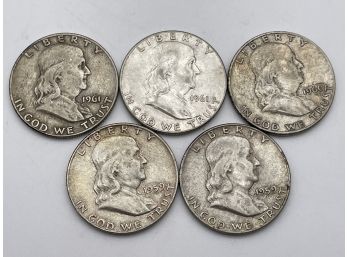 1959-1961 , Five Franklin Half Dollars, Silver Coins. (DH9)