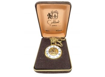 Vintage Swiss Made ,colibri 17 Jewels Pocket Watch W/Chain.