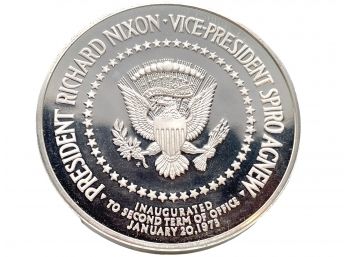 Massive, Vintage 1973 Franklin Mint 6.33 Troy Ounce Sterling Silver Inauguration Medal Of Nixon And Agnew.