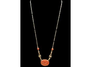 Vintage 14k Art Deco Gold Chain With A Hand Carved Antique Carnelian Pendant.