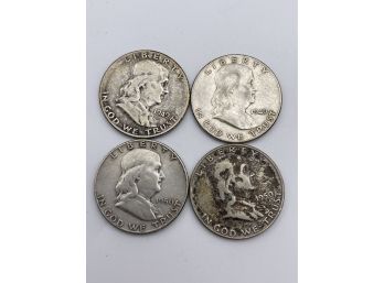 1949 & 1950 , Four Ben Franklin Half Dollars, Silver Coins. ( DH5)