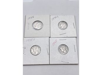 1935-1938 , Four Mercury Dimes, Silver Coins.