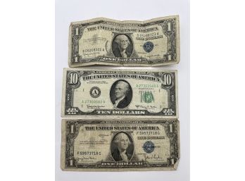 Vintage 1963 10 Dollar Bill And Two 1 Dollar Bills Blue Seal.
