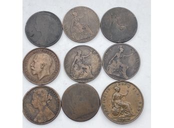 Nine Antique British Large Pennies Coins.
