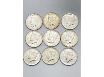 1964, Nine Kennedy Half Dollar, Silver Coins In Good Condition. (KHD3)