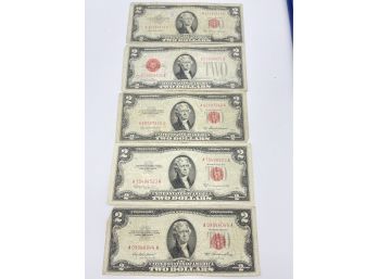 Five Vintage 2 Dollars Bill , Red Seal. 1928 & 1953