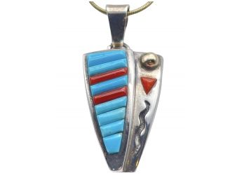 Singed Vintage 14k Gold And Sterling Pendant With Turquoise And Coral.
