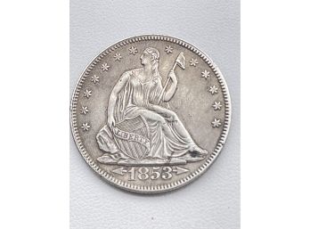 Beautiful 1853 Seated Liberty Half Dollar With Arrows And Rays, Silver Coin.