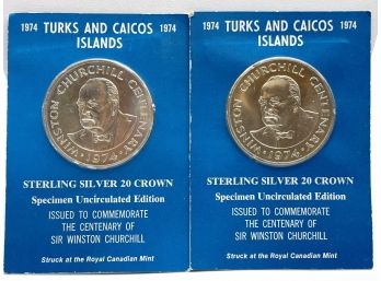 Pair Of 1974 Turks & Caicos Islands 20 Crown Sterling Silver Coins, Uncirculated.