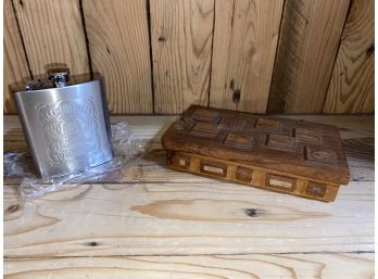 Antique Wooden Box And New Jack Daniels Flask
