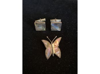 Mexican Silver And Abalone Cuff Links And Pin
