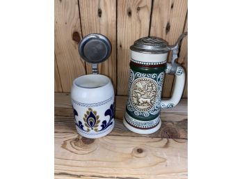 Old German Steins-crock Style And Irish  Setter And Trout