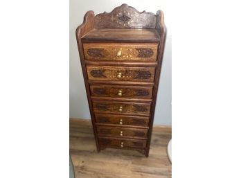 Beautiful Carved Wood And Inlayed Brass Chest Of Drawers