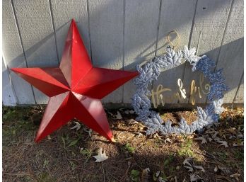 Large Tin (thankful) Wreath And Large Tin Red Star
