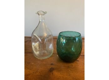 Pinched Glass Bottle And Green Decor