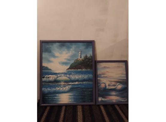 Pair Of Oil On Canvas Paintings Lighthouse And Ocean Waves Signed By Lister With COA See Images