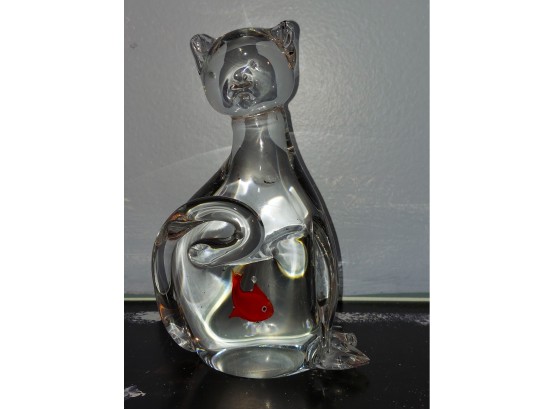 Vintage Cat Figurine W/ Colorful Red Orange Fish Inside Art Glass Paperweight 6