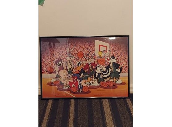 Vintage 1993 Warner Brothers Looney Toons  On Basketball Court Frame Poster