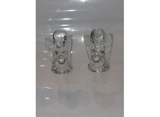 Pair Of Vintage Clear Glass Home Decor Angel Figurine, Taper Candle Holder - 2  Tall
