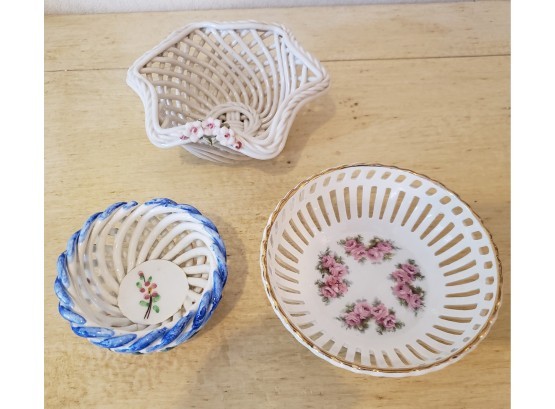 Trio Of Openwork Porcelain Floral Mini Bowls