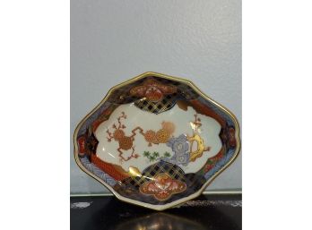 Vintage Imari Blue Takahashi Japan Chinoiserie Hand Painted And Gilded Cherry Blossom Oval Porcelain Trinket C