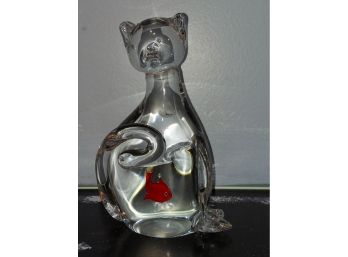 Vintage Cat Figurine W/ Colorful Red Orange Fish Inside Art Glass Paperweight 6