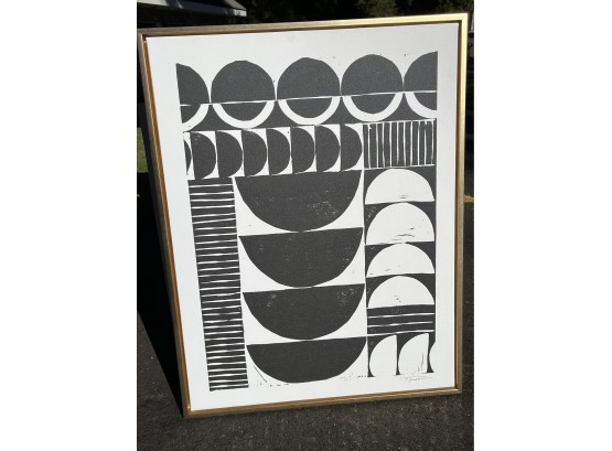 Abstract Black & White Screen/ Block Print In Gold Frame