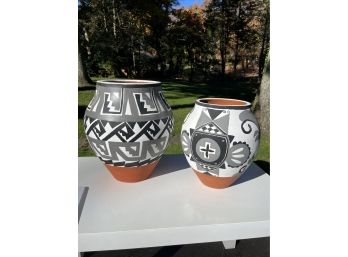 Pair Of Coordinating Painted Terra Cotta Pots