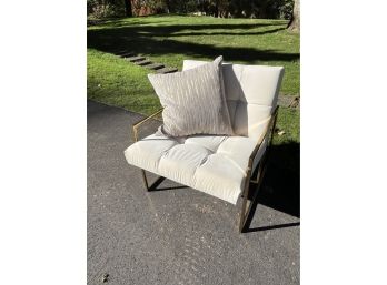 Tufted Arm Chair On Gilded Metal Base With Contemporary Pillow