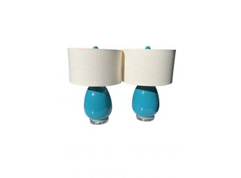 Pair Of Designer Turquoise Lamps On Lucite Base With Linen Drum Shades