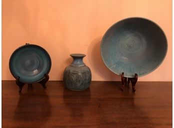 Three Pieces Signed Glazed Studio Pottery