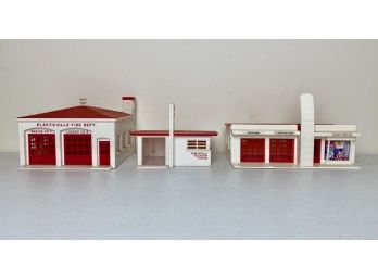 Vintage Plasticville Red Roof Buildings - Fire Dept, Gas Station, WPLA TV Station