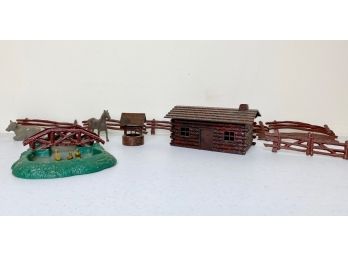 Vintage Plasticville Log Cabin, Fence, Duck Pond, Water Well, Two Farm Animals