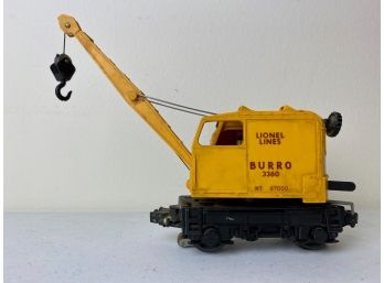 Lionel Postwar O-Gauge 3360 Operating Burro Crane Car