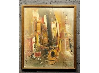 Vintage Abstract Times Square Oil On Board Signed And Dated 1971