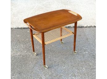 Vintage Danish Teak And Cane Shelf Side Table Serving Cart